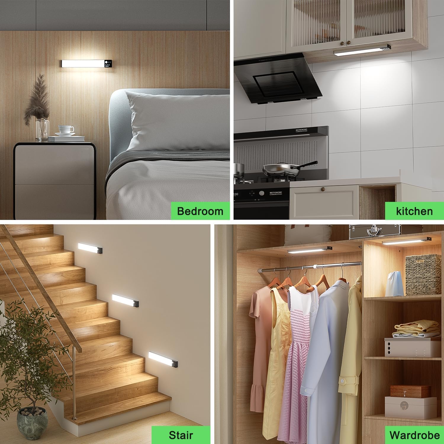 Collage of bedroom, kitchen, stairwell, and wardrobe with labels indicating their respective locations.