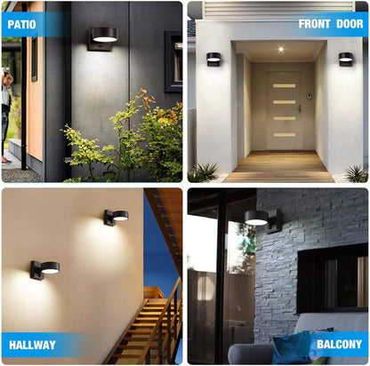 Collage of outdoor wall lights in different locations: patio, front door, hallway, and balcony.