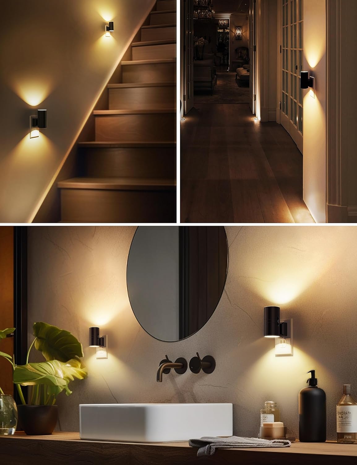Collage of wall lights in various settings including a staircase, hallway, and bathroom.
