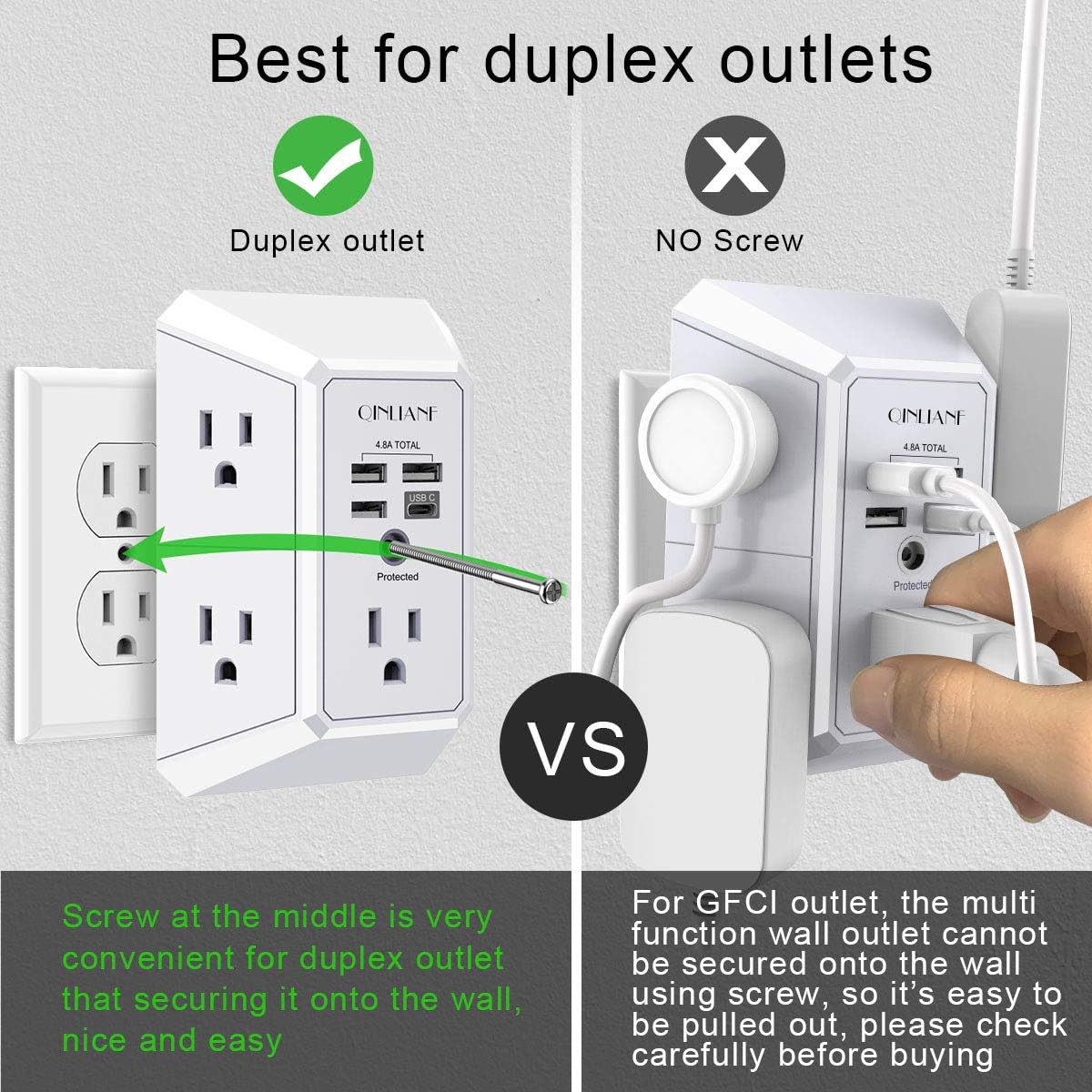 Comparison of a duplex outlet with screw and without screw, featuring a multi-function wall outlet.