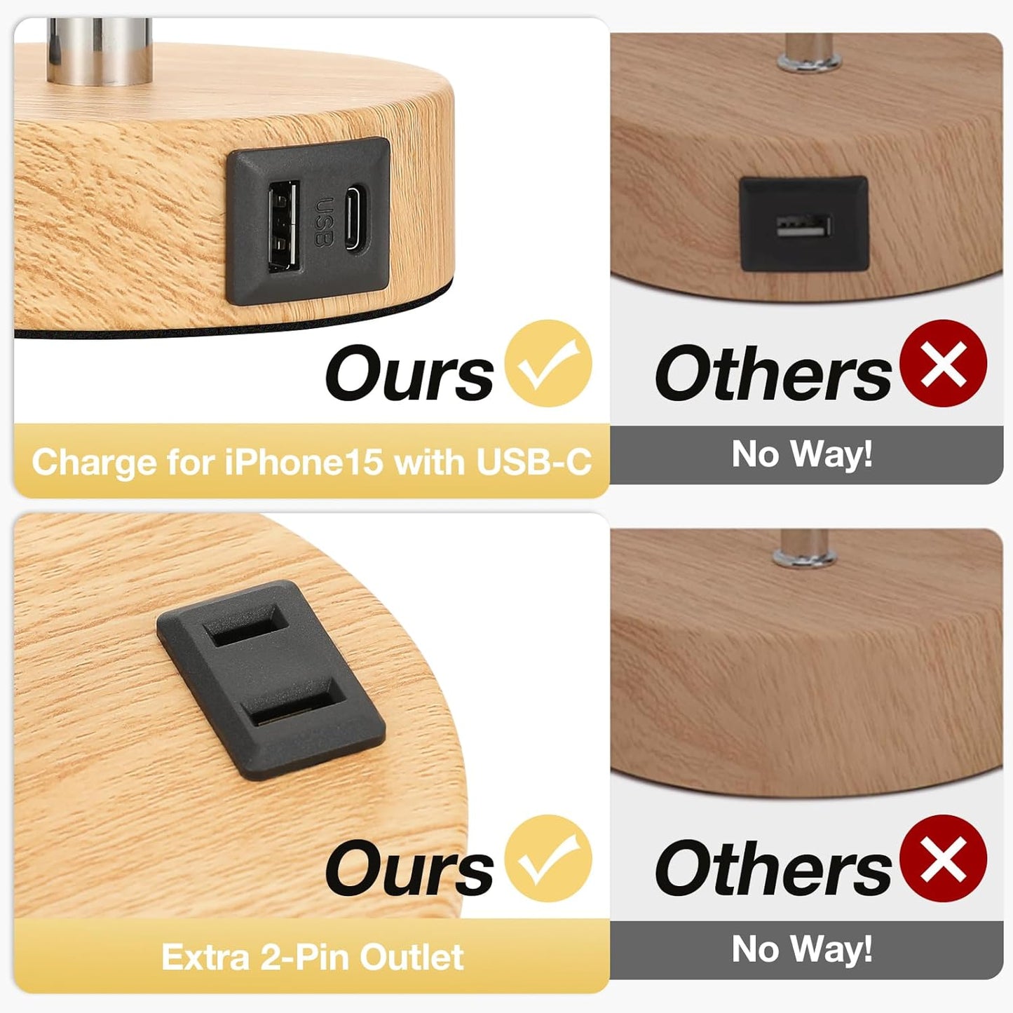 Comparison of a wooden charging dock with USB-C and 2-pin outlets labeled 'Ours' and 'Others'.