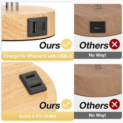 Comparison of a wooden charging dock with USB-C and 2-pin outlets labeled 'Ours' and 'Others'.