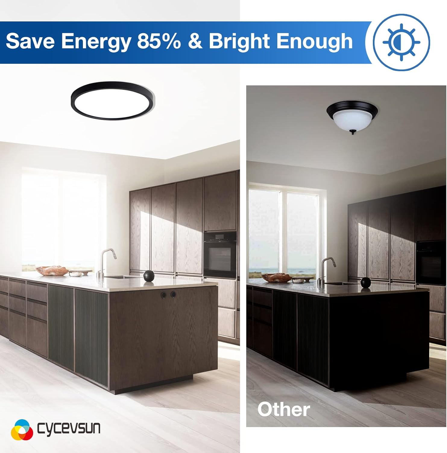 Comparison of two kitchen scenes with different lighting conditions, highlighting energy savings and brightness.