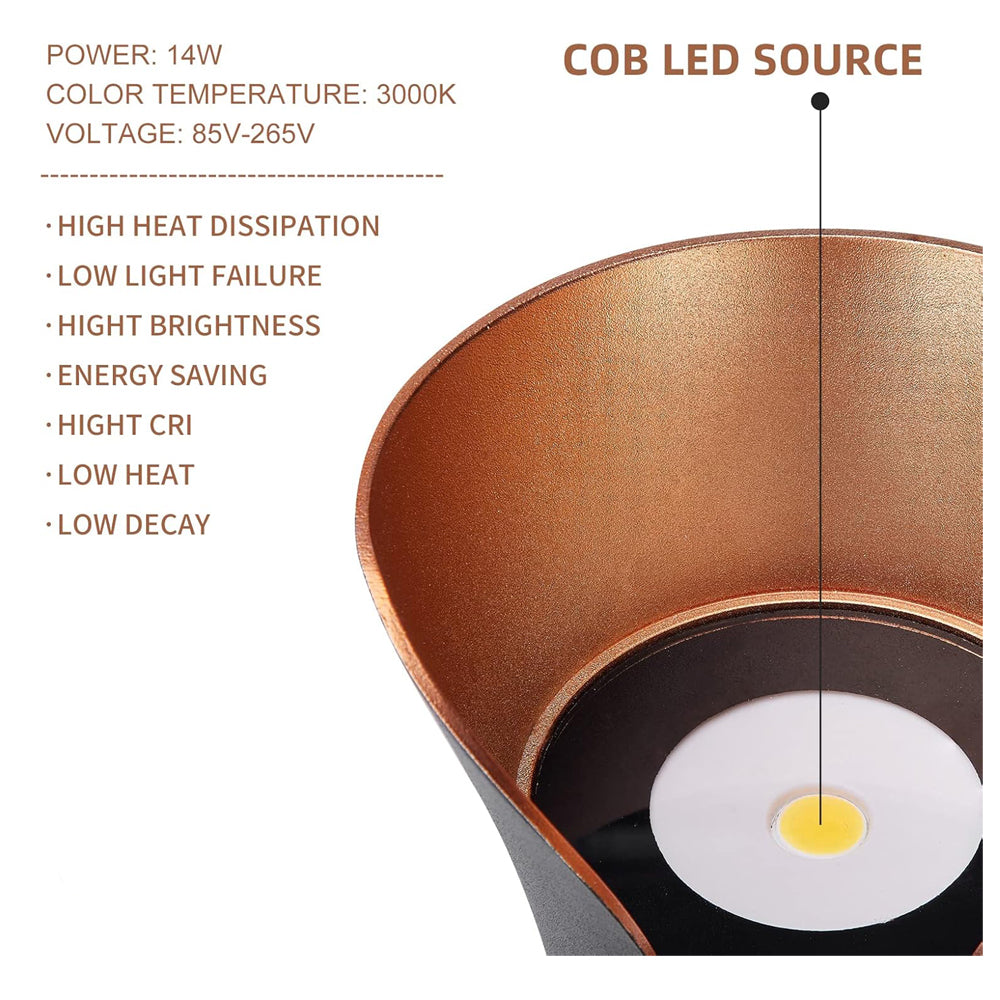 Copper pendant light with COB LED source details on a white background
