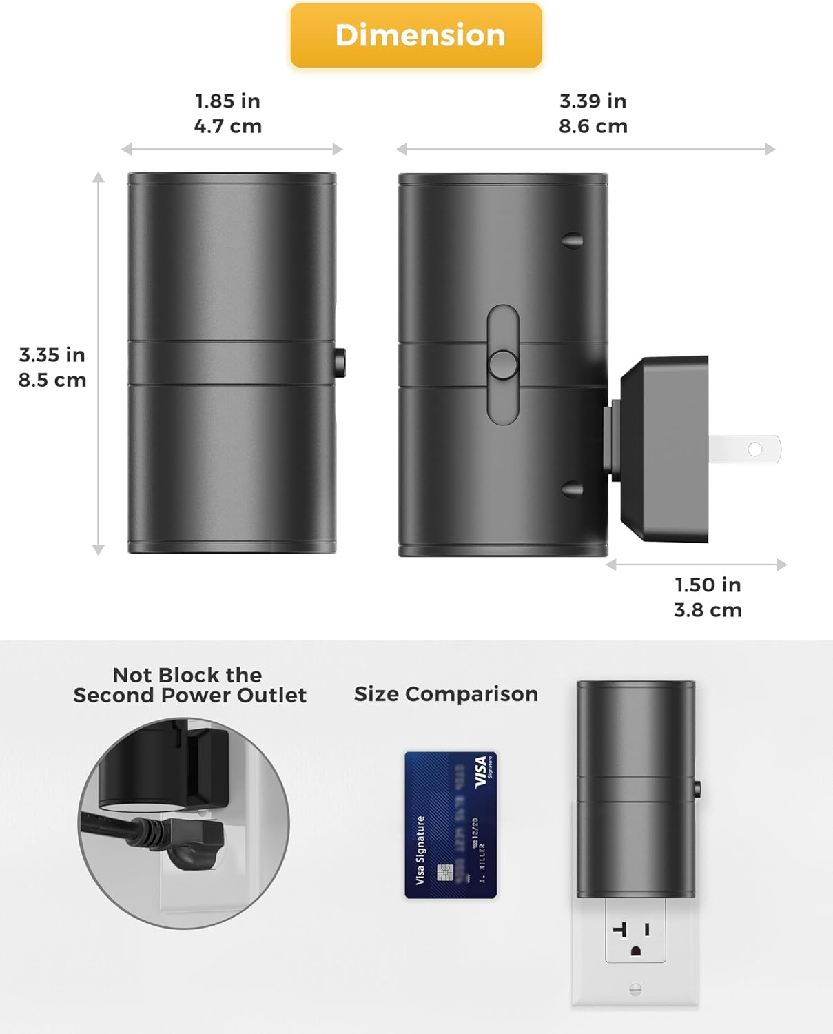 Dimensions and size comparison of a black wall-mounted device with a power outlet.