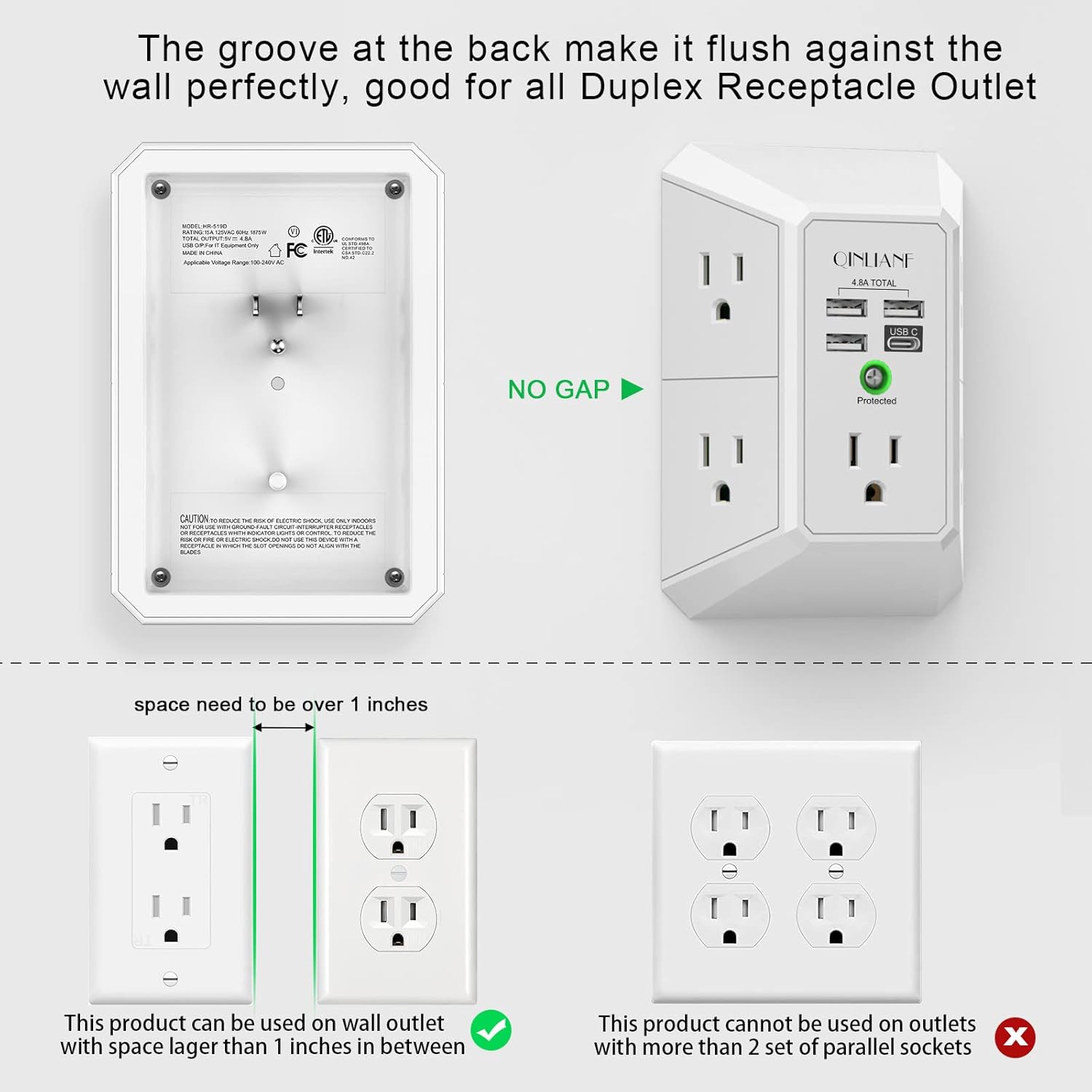 Duplex receptacle outlet with text explaining its features and compatibility.
