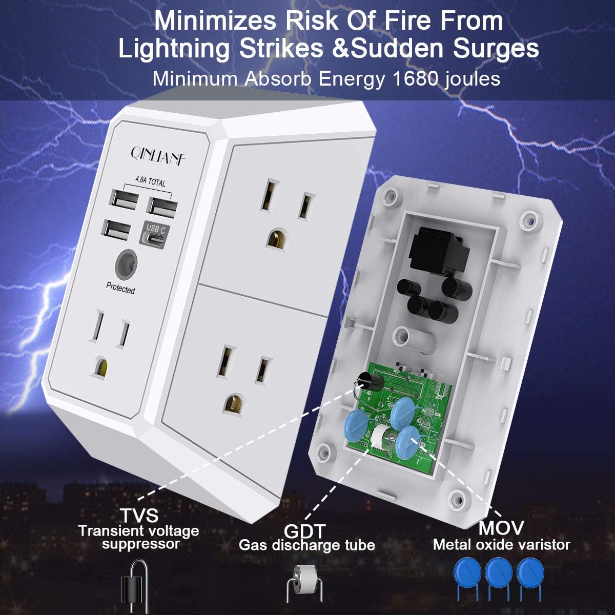Electrical outlet with USB ports and internal components highlighted on a blue background with lightning effects.