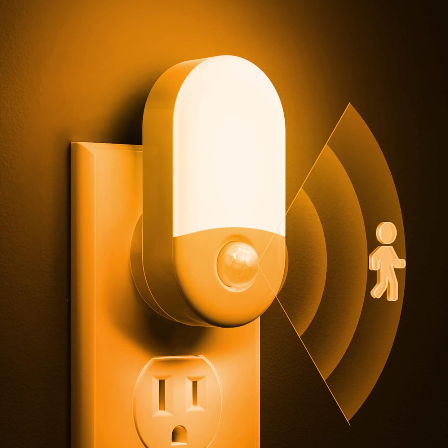 Infrared sensor night light attached to a wall socket with a brown background