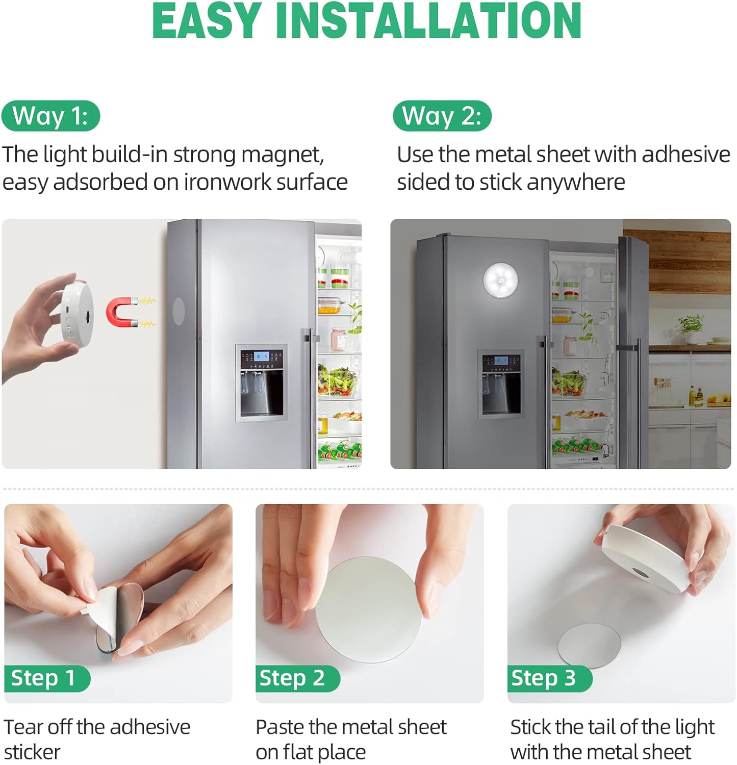 Instructions for installing a light fixture with strong magnet and adhesive sheet on a refrigerator.