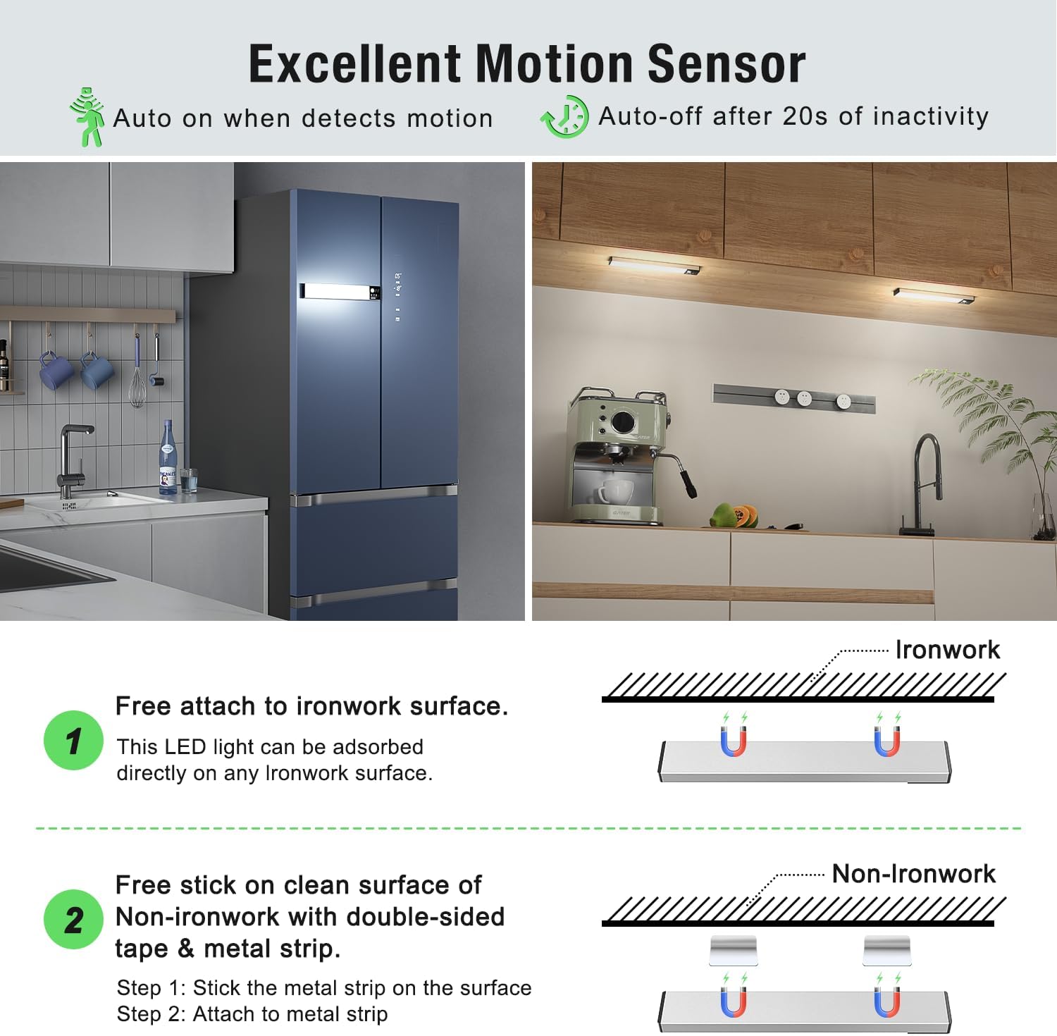 Kitchens with motion sensor lights on ironwork and non-ironwork surfaces, highlighting features and installation methods.