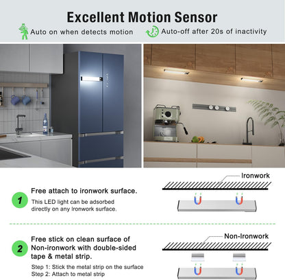 Kitchens with motion sensor lights on ironwork and non-ironwork surfaces, highlighting features and installation methods.