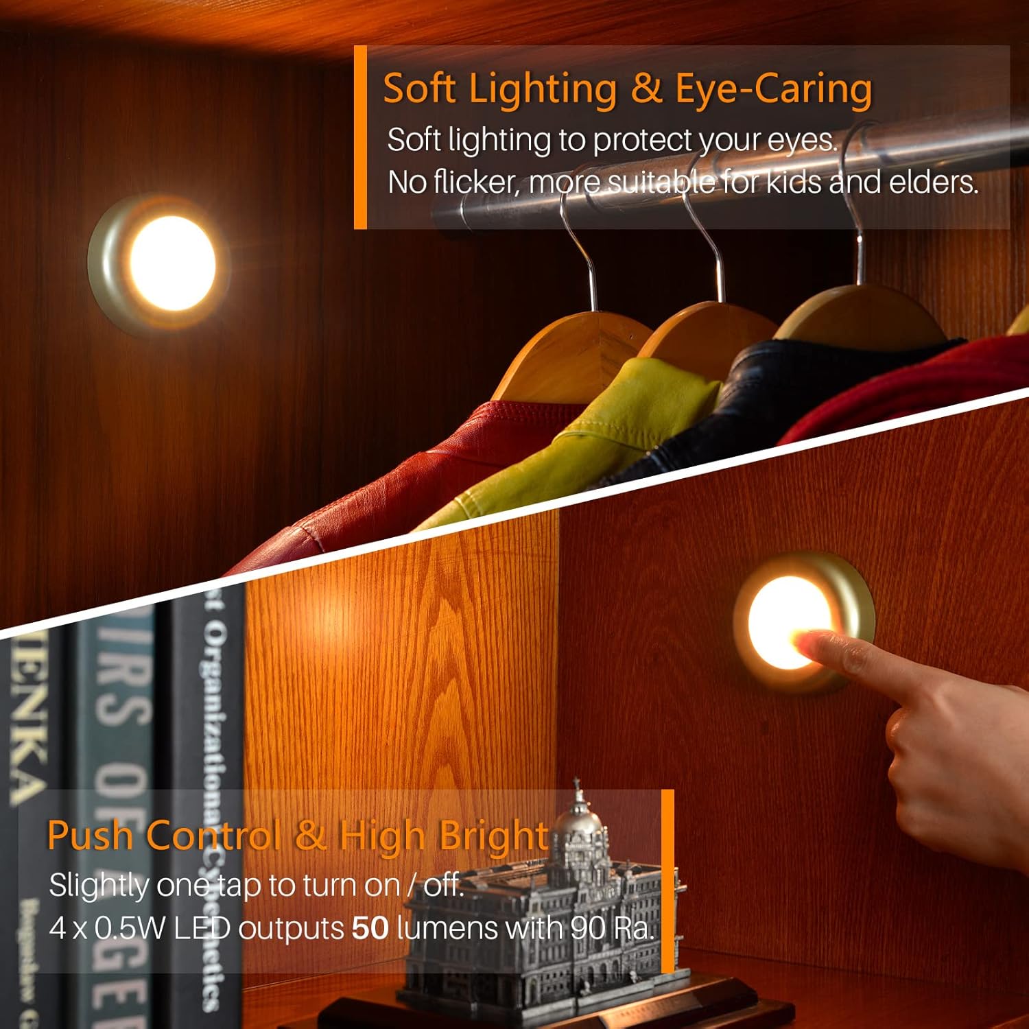 Light fixture on a wooden surface with books and a model building, highlighting soft lighting and push control features.
