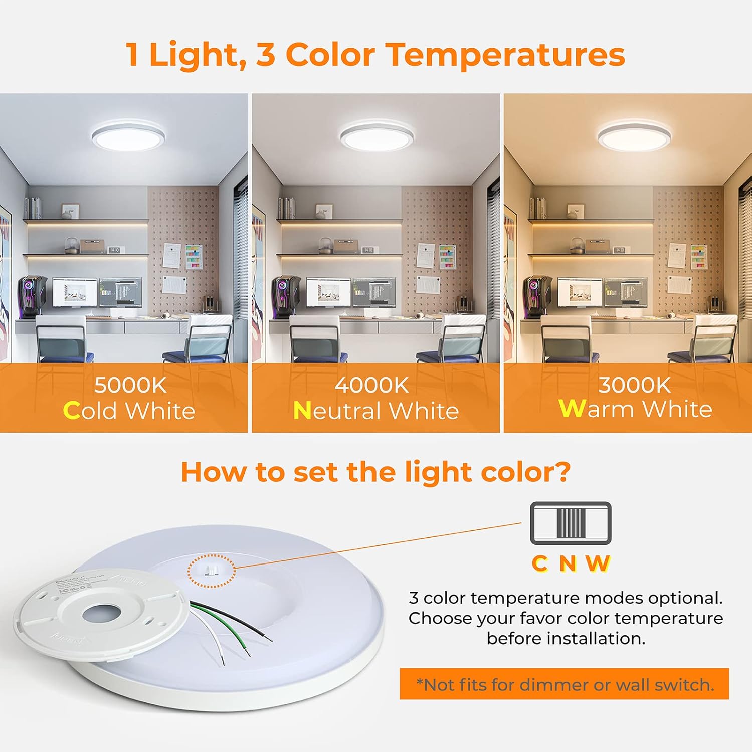 Light fixture with three color temperature options displayed in a room setting.