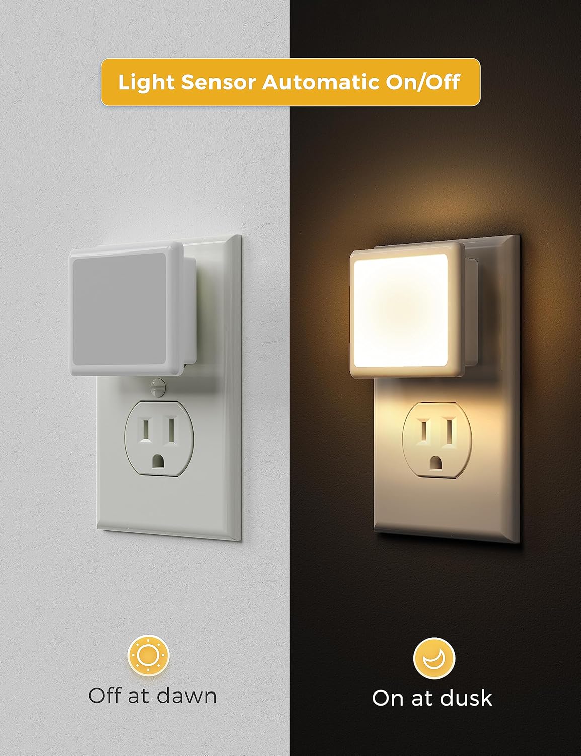 Light sensor night light switch on a wall with on/off functionality.