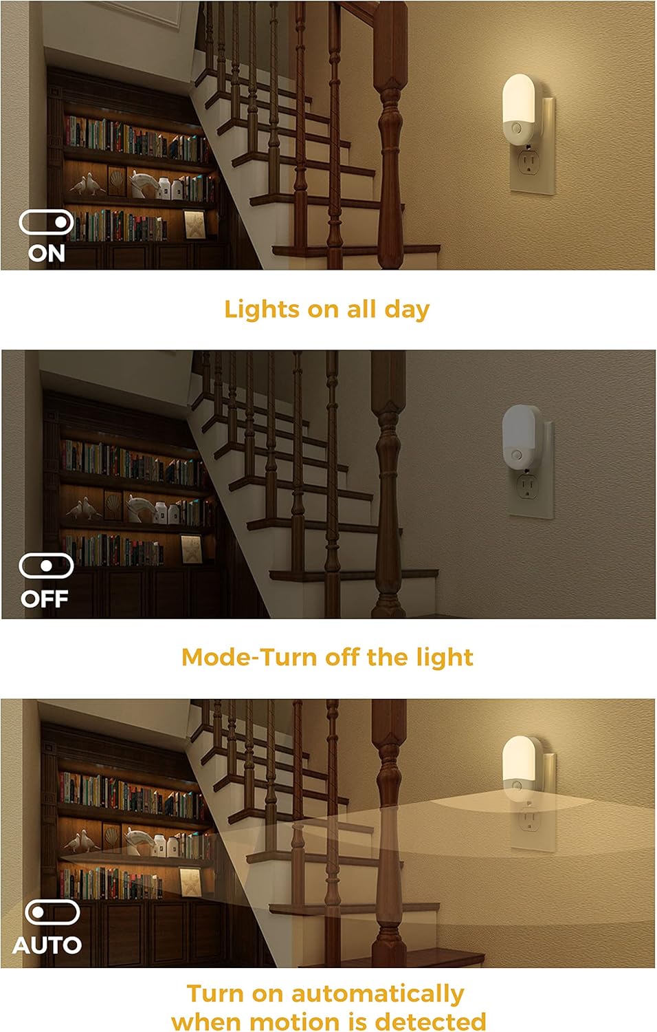 Lighting control demonstration with a staircase and bookshelf in the background.