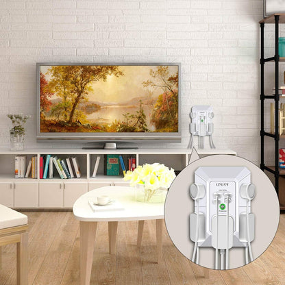 Living room with a TV displaying a nature scene, a table with flowers, and an inset showing a white device labeled 'CP-MAX'.