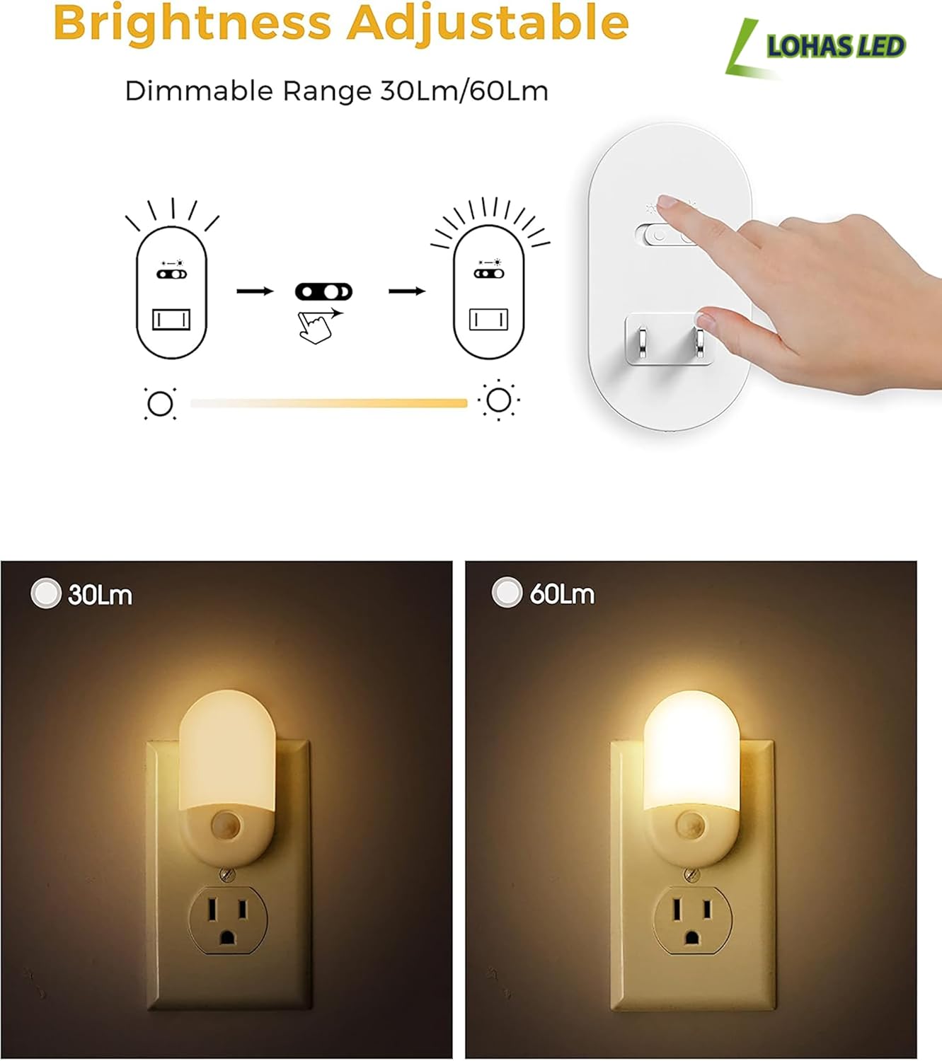 Lohas LED night light with brightness adjustment feature, showing different light intensities.