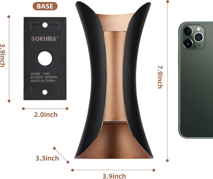 Measurement chart of a product with dimensions labeled, including a smartphone for scale.