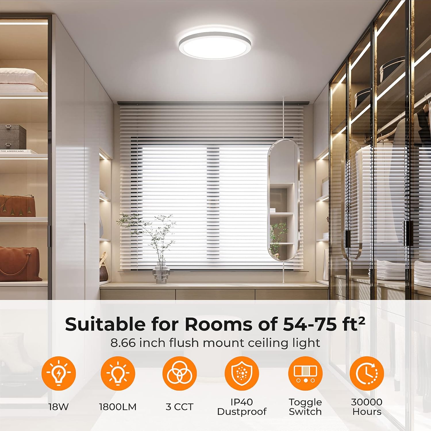 Modern bathroom interior with a ceiling light fixture, suitable for rooms of 54-75 ft².