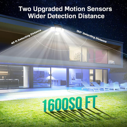 Modern house with outdoor lighting system and text about upgraded motion sensors and detection distances.