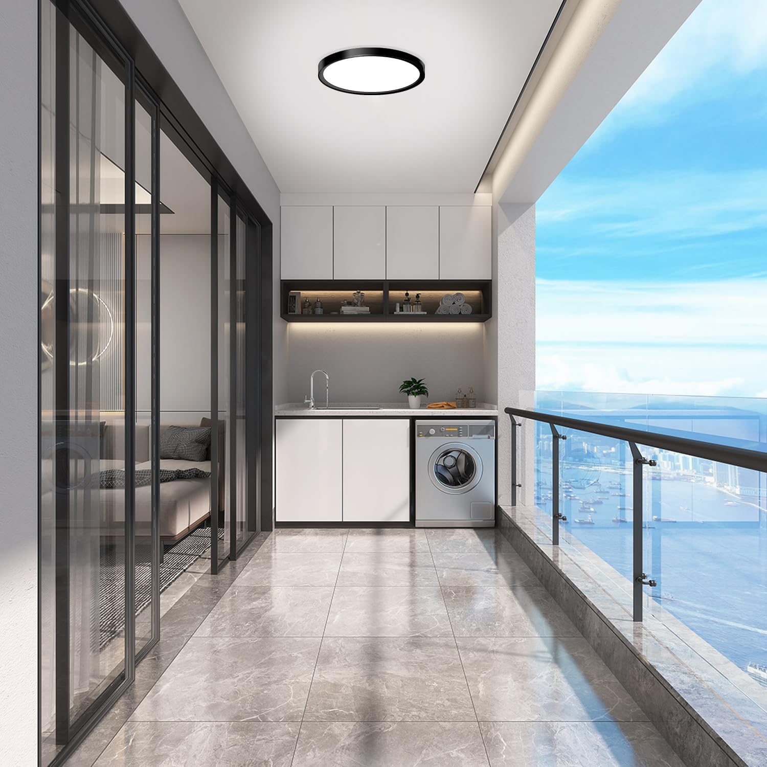 Modern kitchen with a view of a city skyline