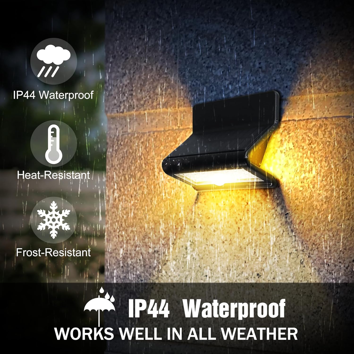 Outdoor light fixture on a wall with raindrops, highlighting its waterproof feature.