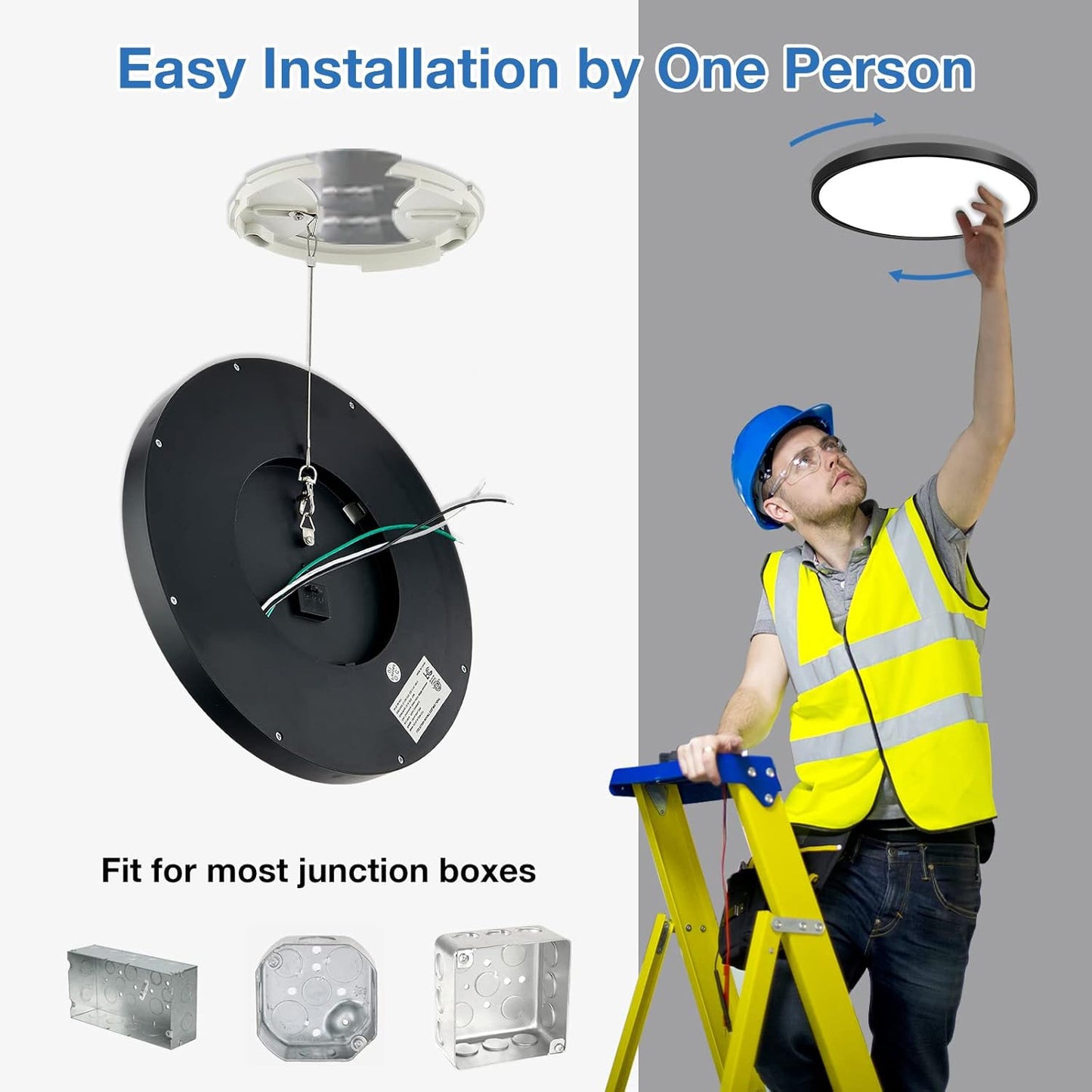 Person installing a ceiling light fixture with text indicating easy installation by one person and compatibility with most junction boxes.