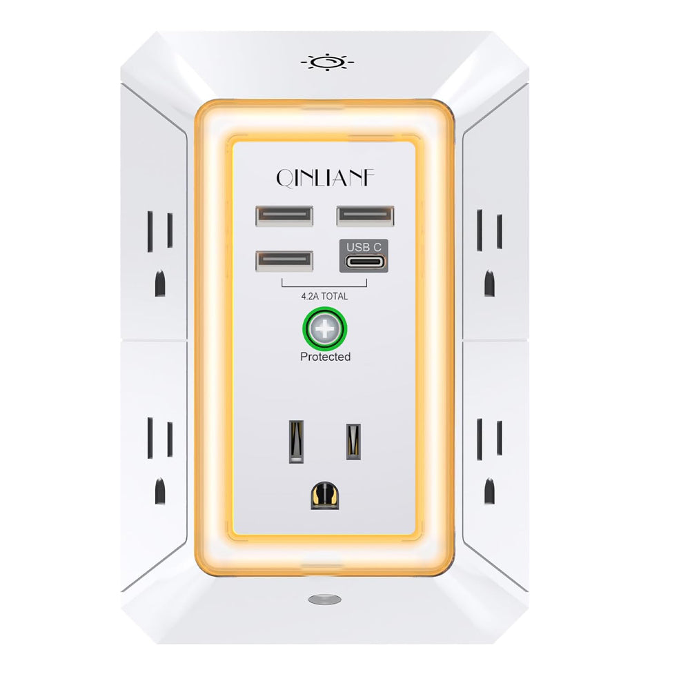 Power strip with multiple outlets and USB ports on a white background