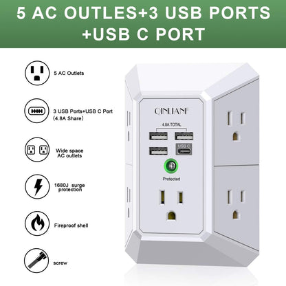 Power strip with multiple outlets and USB ports on a white background
