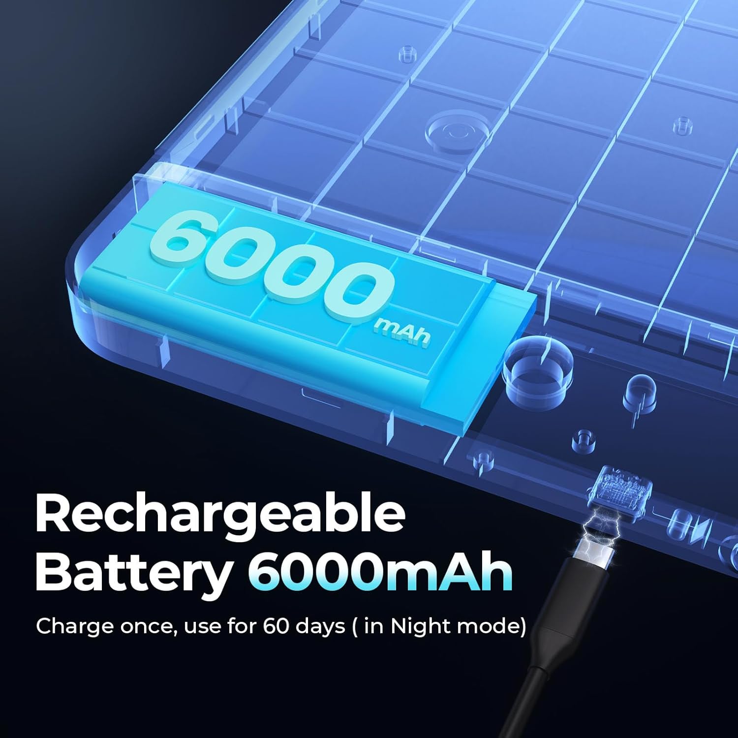 Rechargeable battery pack with 6000mAh capacity on a dark background