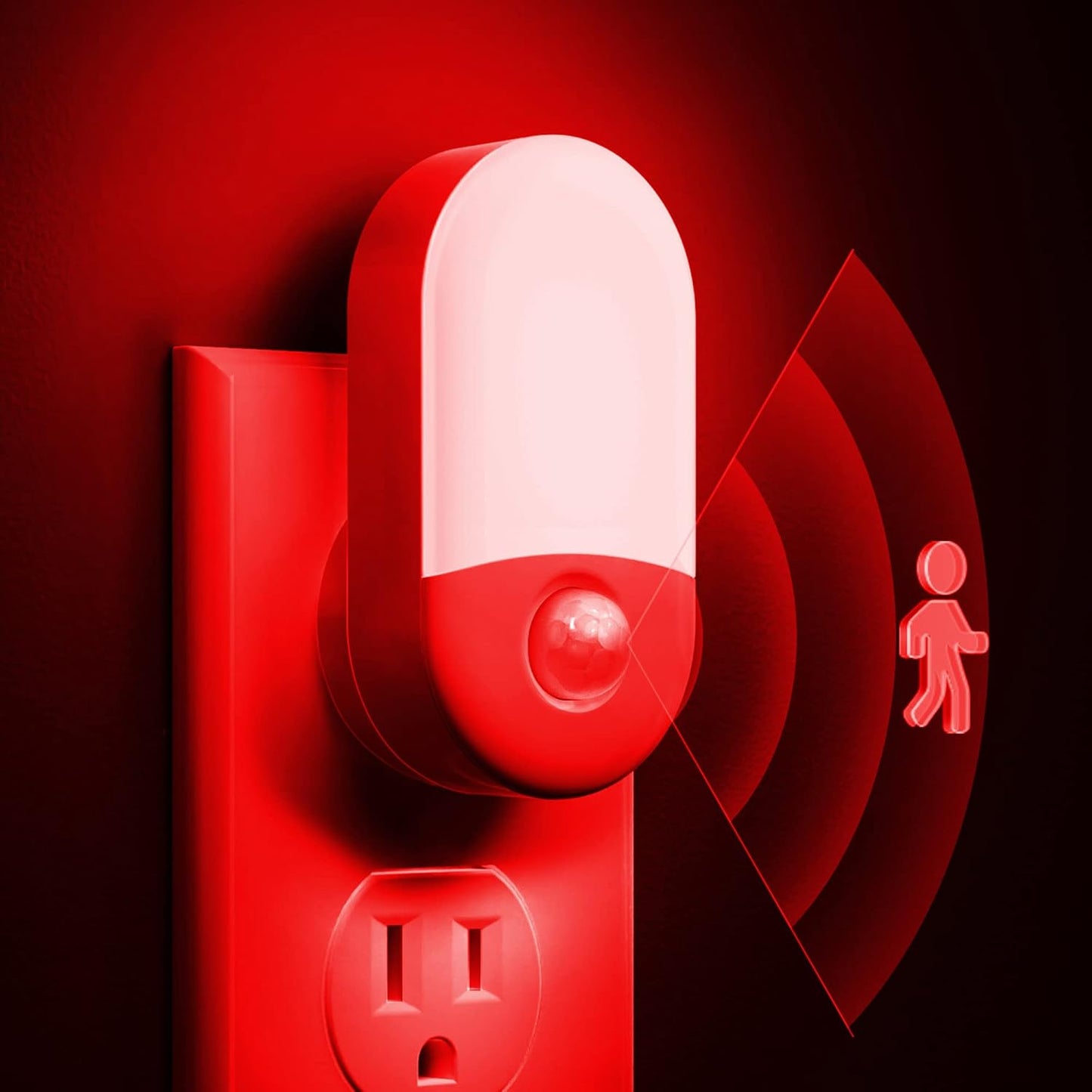 Red and white emergency call button with a person icon on a dark background