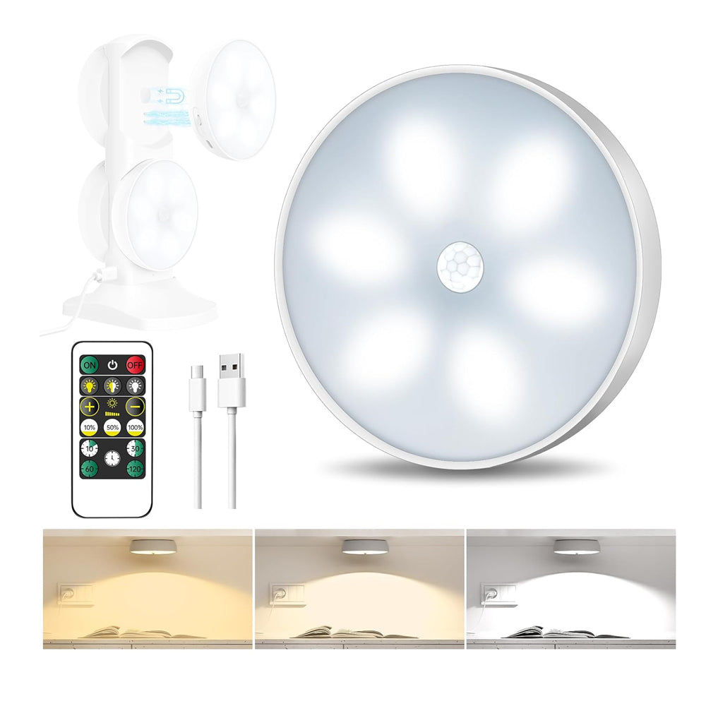 Round LED light with remote control and USB cable on a white background