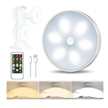 Round LED light with remote control and USB cable on a white background