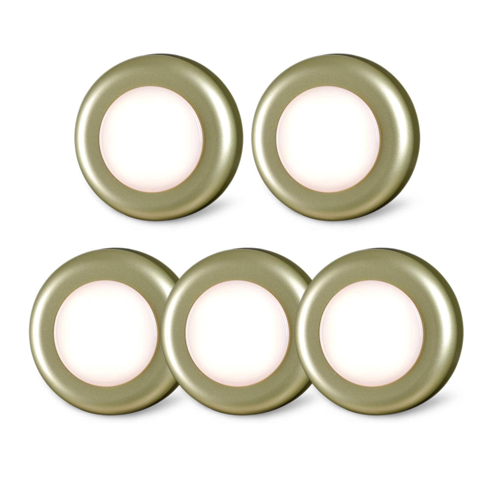 Set of five round light fixtures with a soft glow on a white background