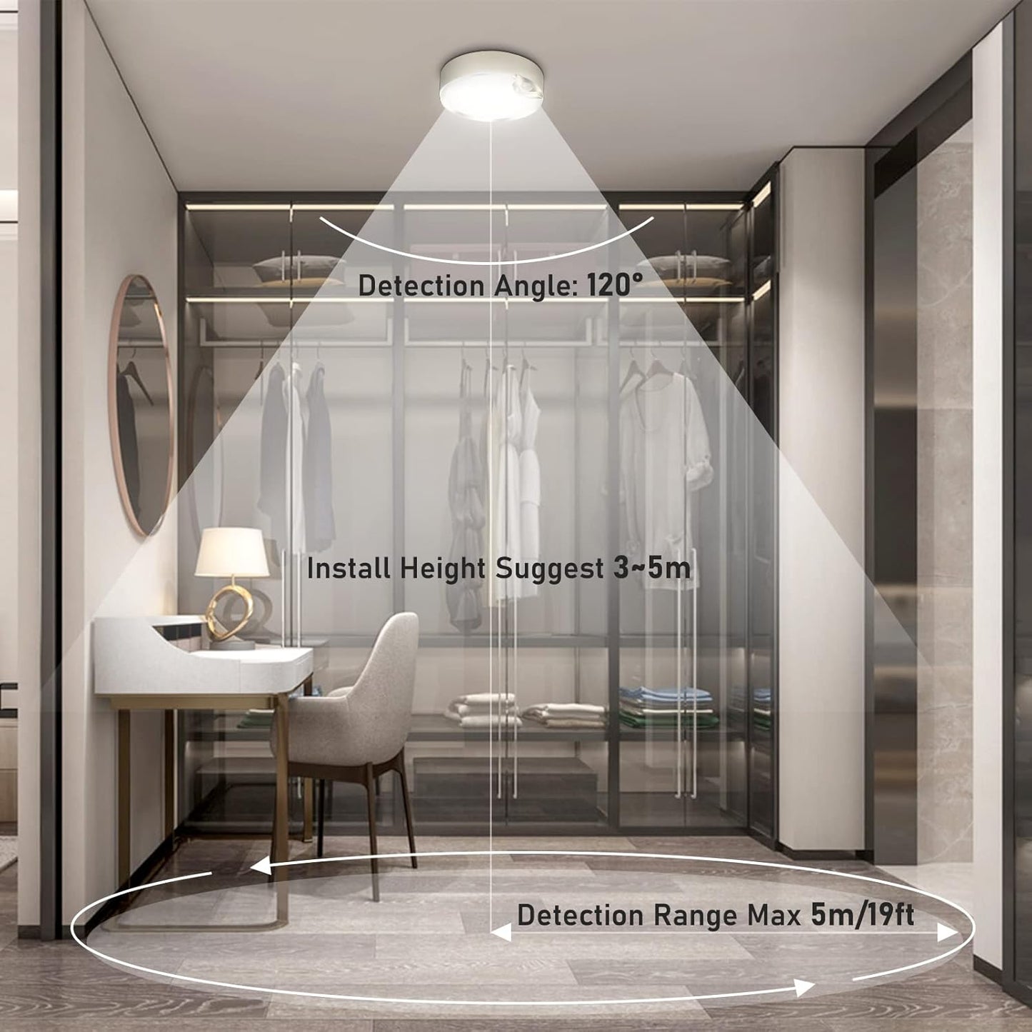 Smart home security system detection area in a modern room with furniture.