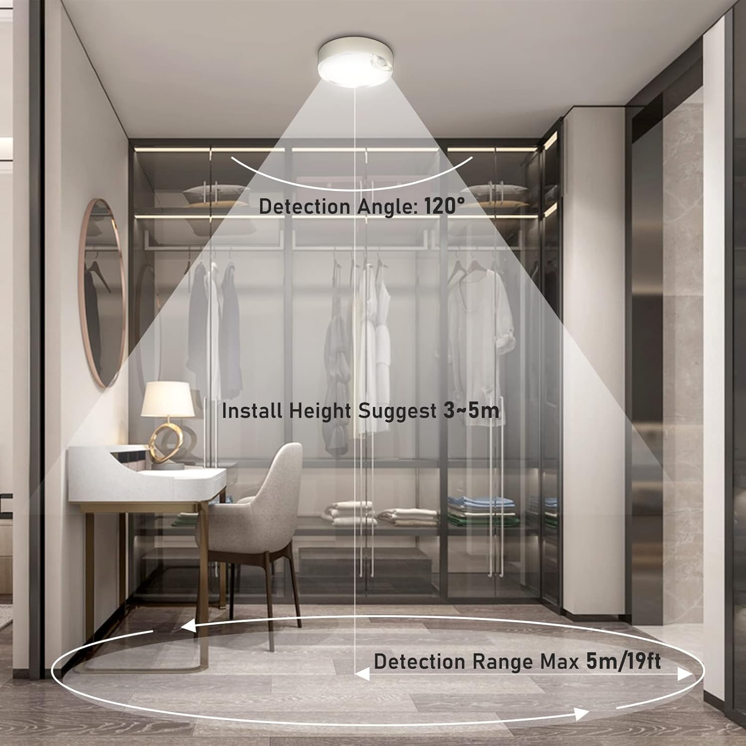 Smart home security system detection area in a modern room with furniture.