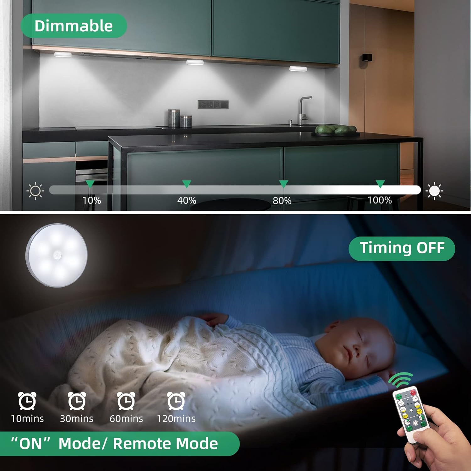 Smart light control system with dimmable feature, baby in crib, and remote control.