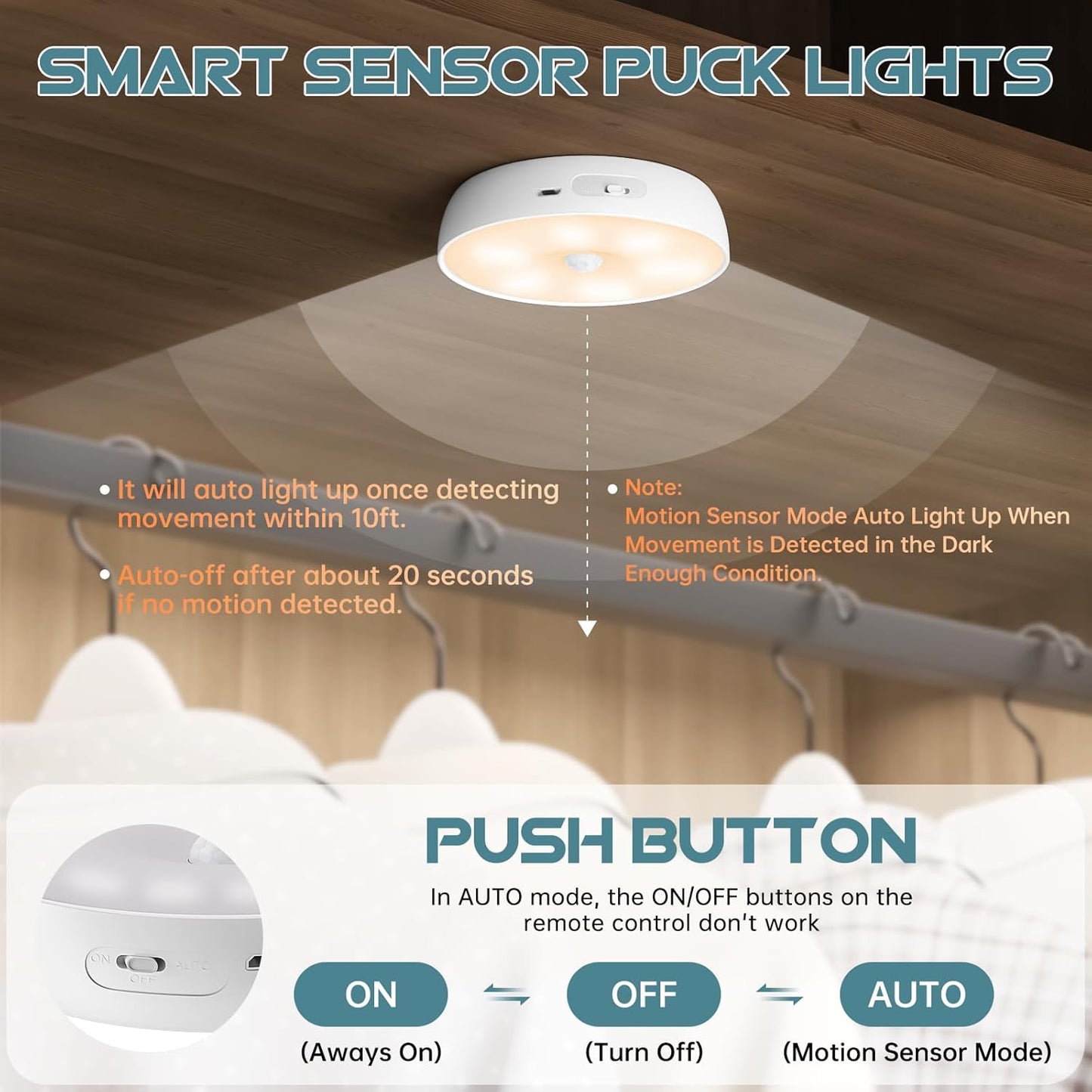 Smart sensor puck light with remote control on a wooden floor background