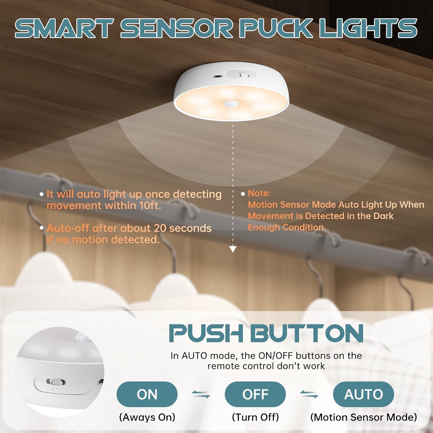 Smart sensor puck light with remote control on a wooden floor background