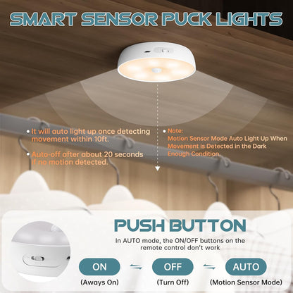 Smart sensor puck light with remote control on a wooden floor background