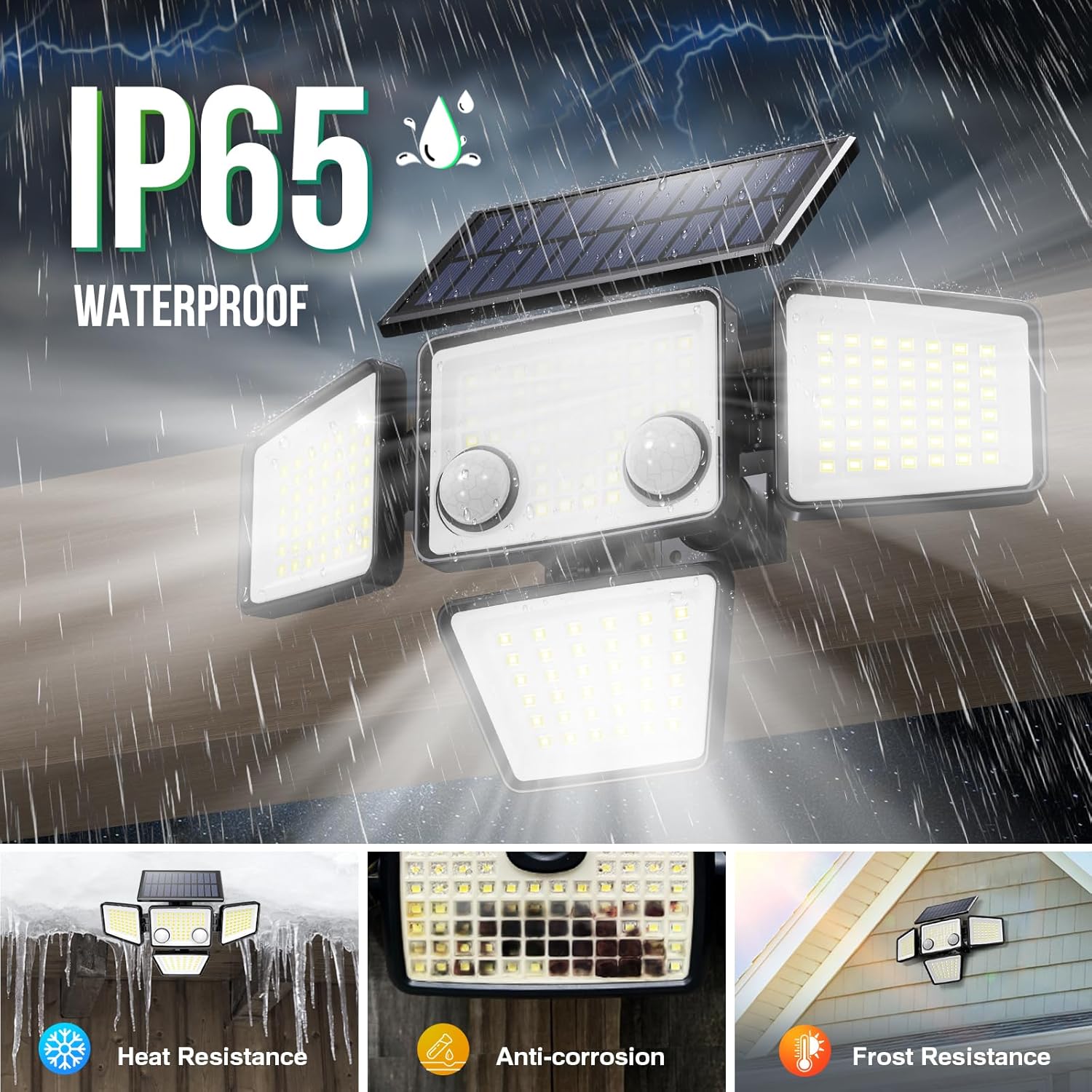 Solar-powered outdoor light fixture with IP65 waterproof rating, shown in rain with additional features highlighted.