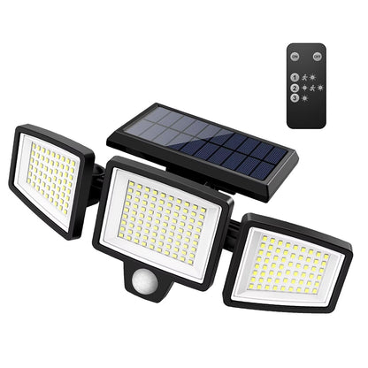 Solar-powered outdoor lights with a remote control on a white background