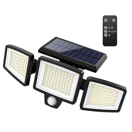 Solar-powered outdoor lights with a remote control on a white background