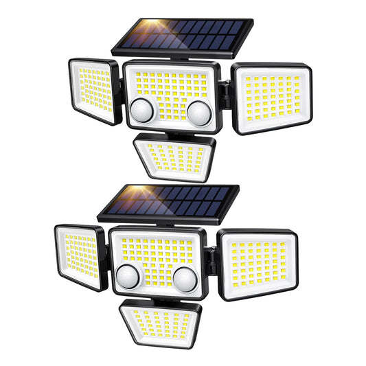 Solar-powered outdoor lights with multiple panels on a white background