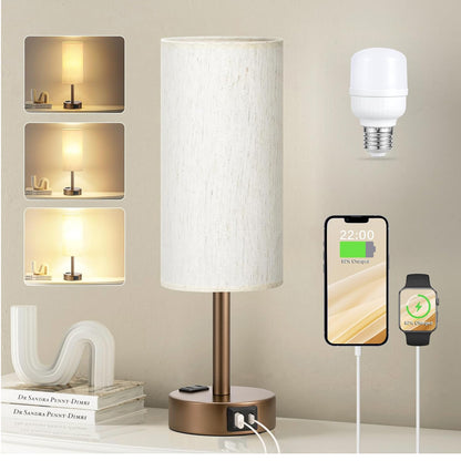 Table lamp with USB ports, smartphone, and smartwatch on a neutral background