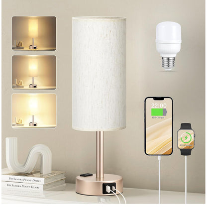 Table lamp with USB ports, smartphone, and smartwatch on a neutral background