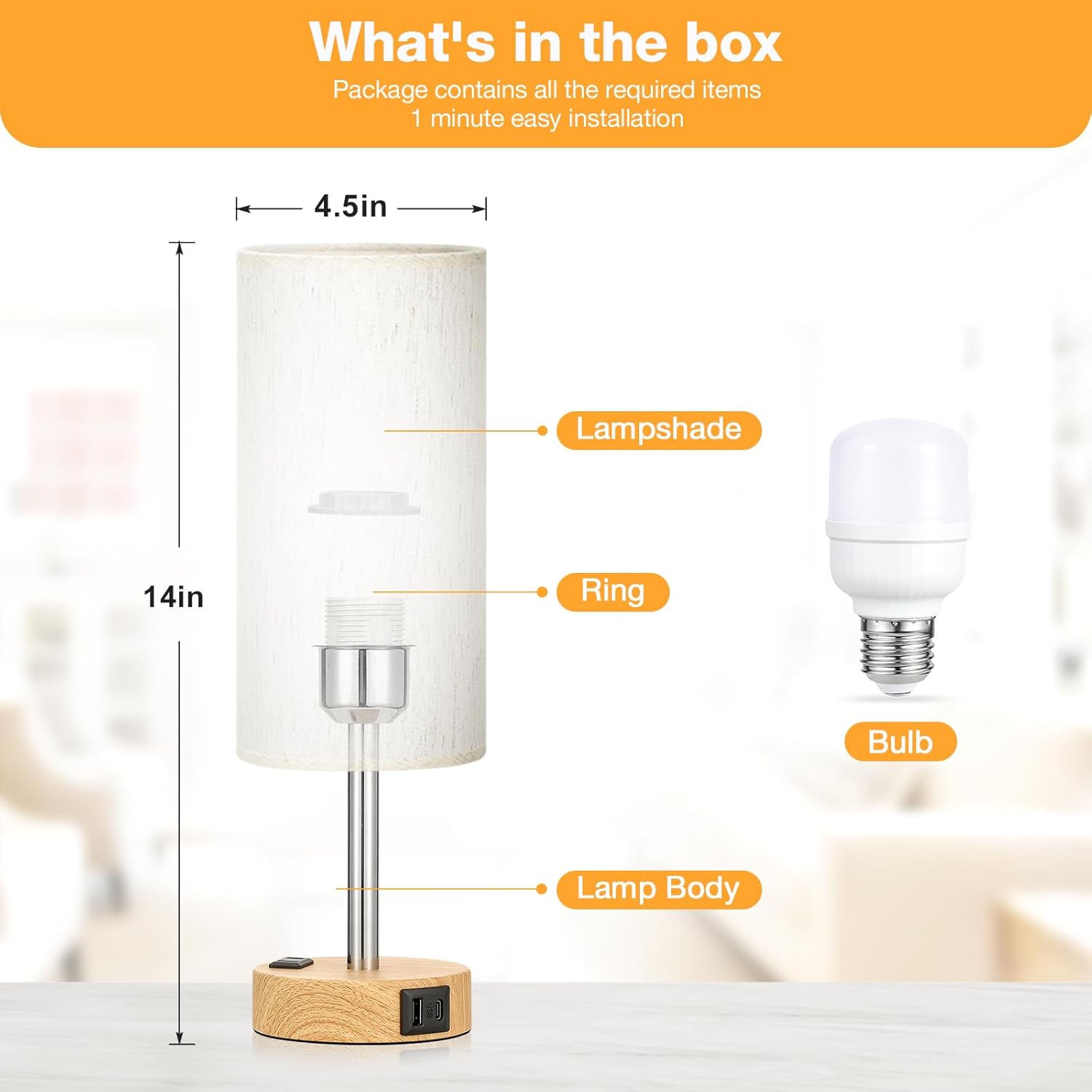 Table lamp with labeled parts and dimensions on a white background