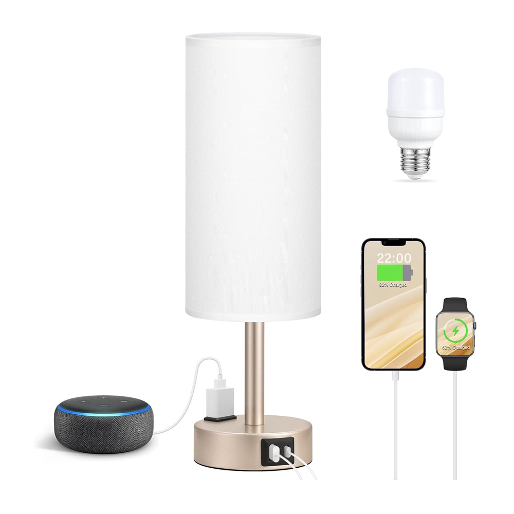 Table lamp with multiple devices plugged into it on a white background