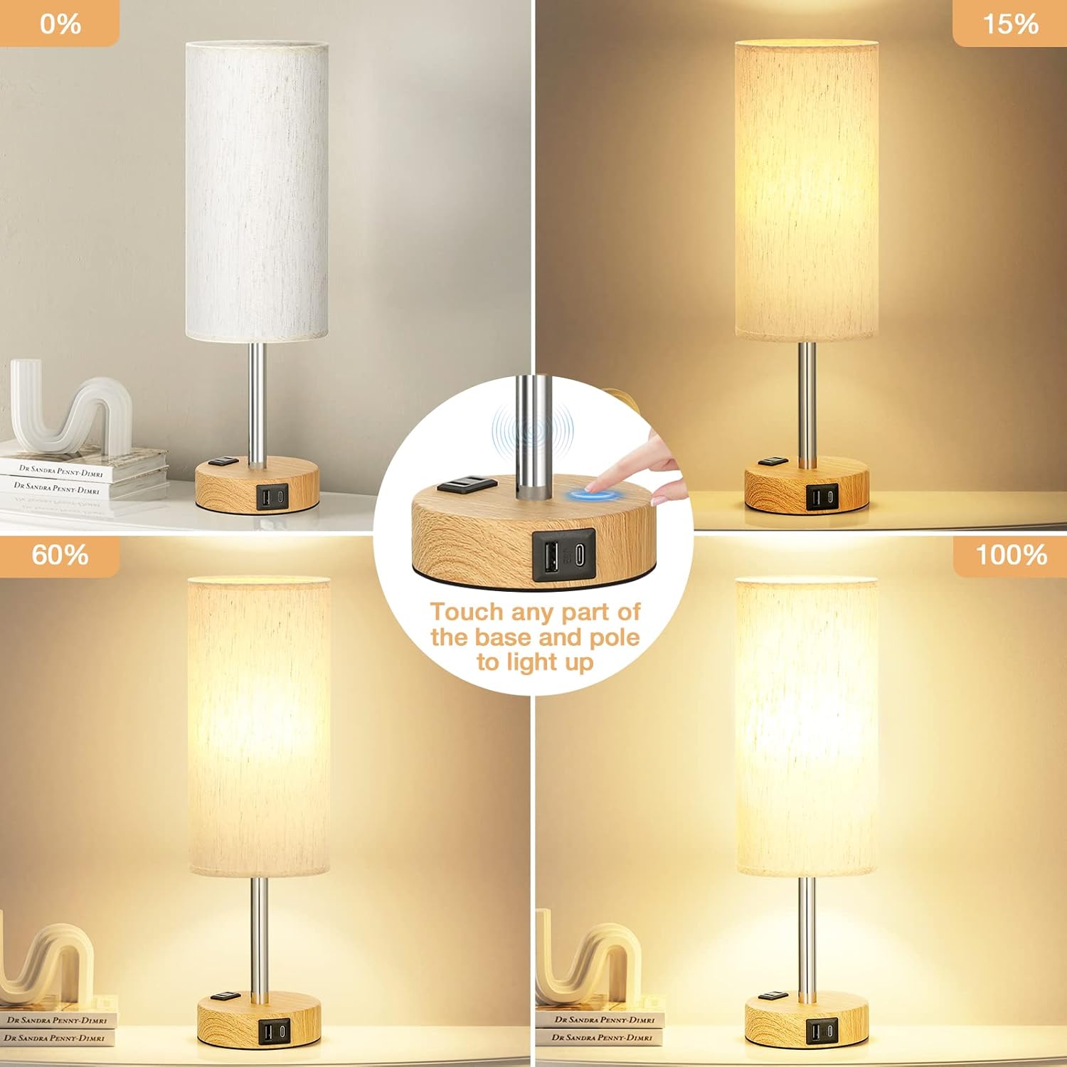 Table lamp with wooden base and fabric shade, showing light intensity levels.