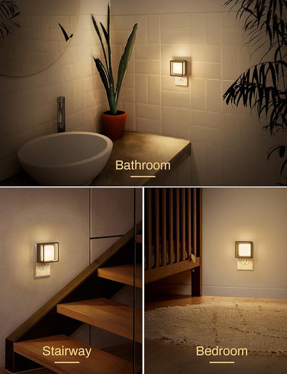 Three different settings showing a wall-mounted light fixture: bathroom, staircase, and bedroom.